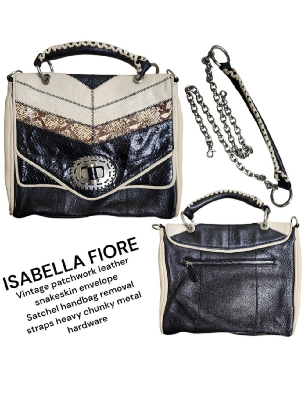 Vintage Isabella Fiore Leather Snakeskin Wool Patchwork Satchel Detachable Chain